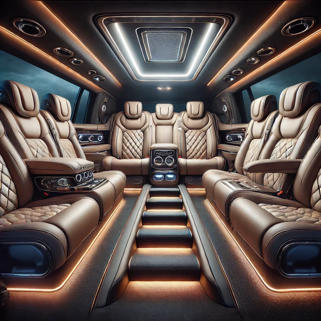 Interior of a luxury SUV limousine with plush seating