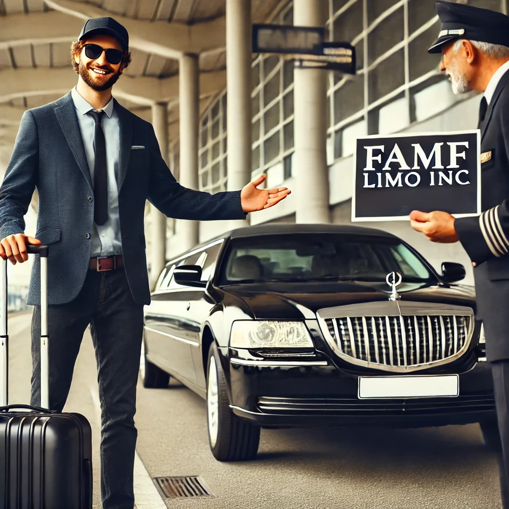 Limo driver from FAMF Limo Inc greeting passengers at the airport