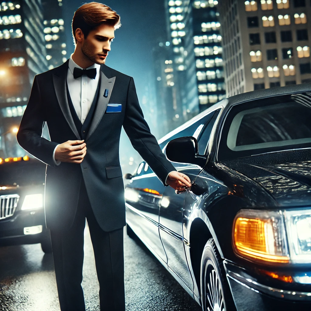 professional chauffeur opening the door of a luxurious limousine
